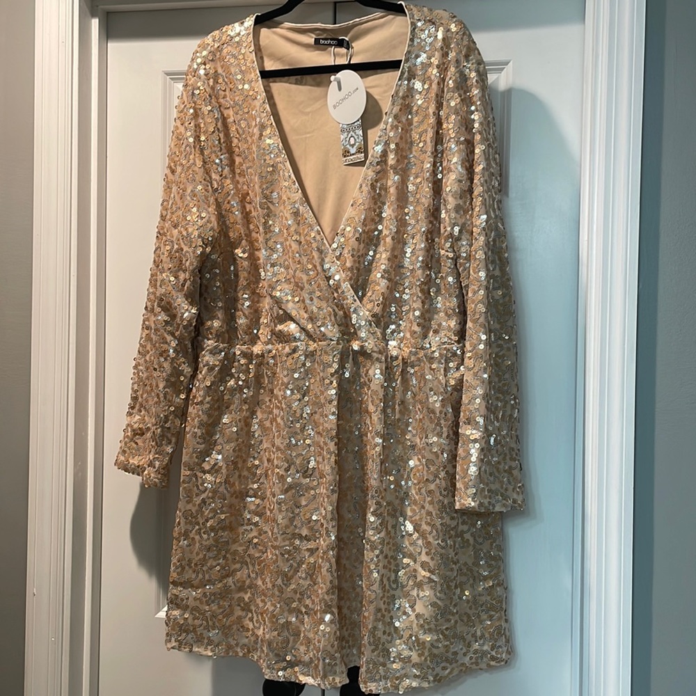 NWT Gold sequin wrap skater dress